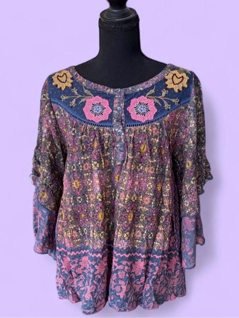 Boho Floral Embroidered Peasant Top - Pink & Blue